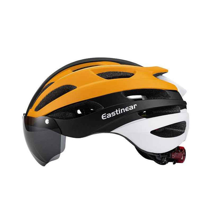 ECOTREK adult bicycle helmet with adjustable fit and removable goggles, shown in a front view, highlighting safety design features.