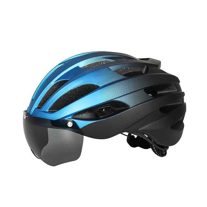 ECOTREK adult bicycle helmet with adjustable straps and removable goggles, featuring a sleek design for cycling safety and comfort.
