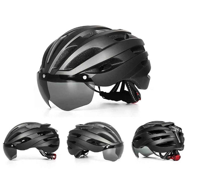 ECOTREK adult bicycle helmet with adjustable fit and removable goggles, featuring a sleek design and ventilation for cycling safety.