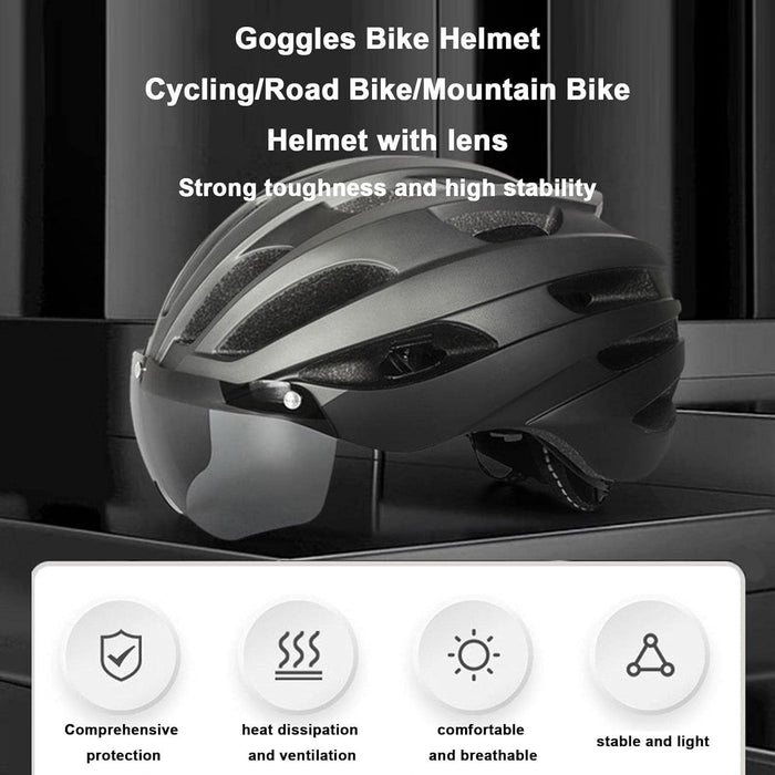 ECOTREK adult bicycle helmet with adjustable straps and removable goggles, black safety helmet for cycling.