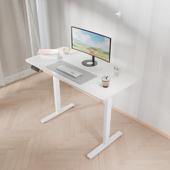 Electra Ergo single motor white sit-stand computer desk by sue-e furniture, showing clean design and adjustable height in a modern workspace.