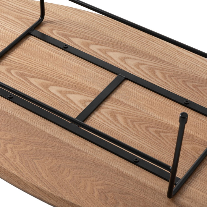 Elegant oval coffee table by sue-e furniture featuring a sleek wooden surface and modern design.