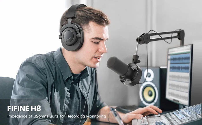 FIFINE Podcast Microphone Kit with microphone, stand, and accessories for high-quality audio recording.