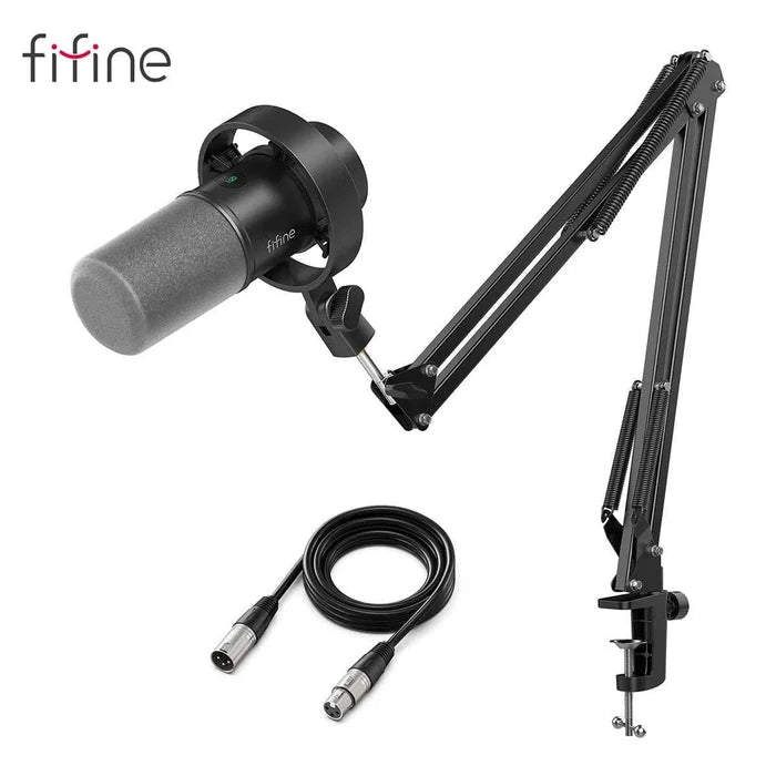 FIFINE podcast microphone kit with microphone, stand, and accessories for recording audio at home or studio.