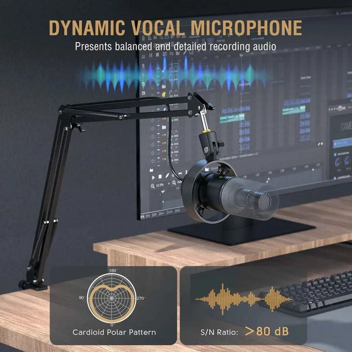 FIFINE Podcast Microphone Kit with adjustable microphone, stand, and accessories for high-quality audio recording.