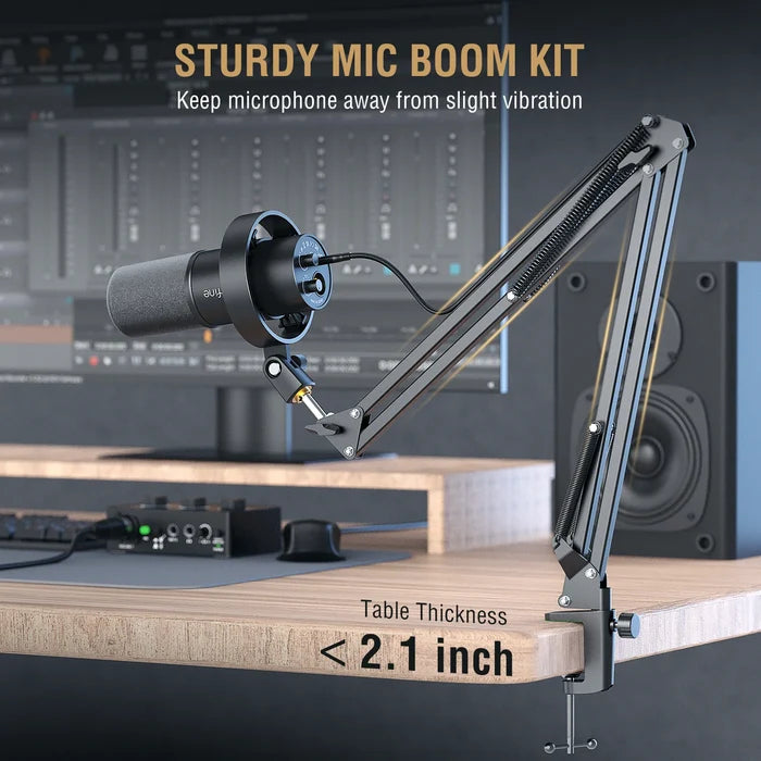 FIFINE Podcast Microphone Kit with professional microphone, stand, and accessories for high-quality audio recording.