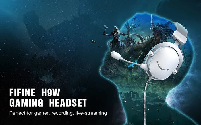 FIFINE gaming headset with surround sound, black over-ear design, padded ear cups, and adjustable headband for immersive gameplay.