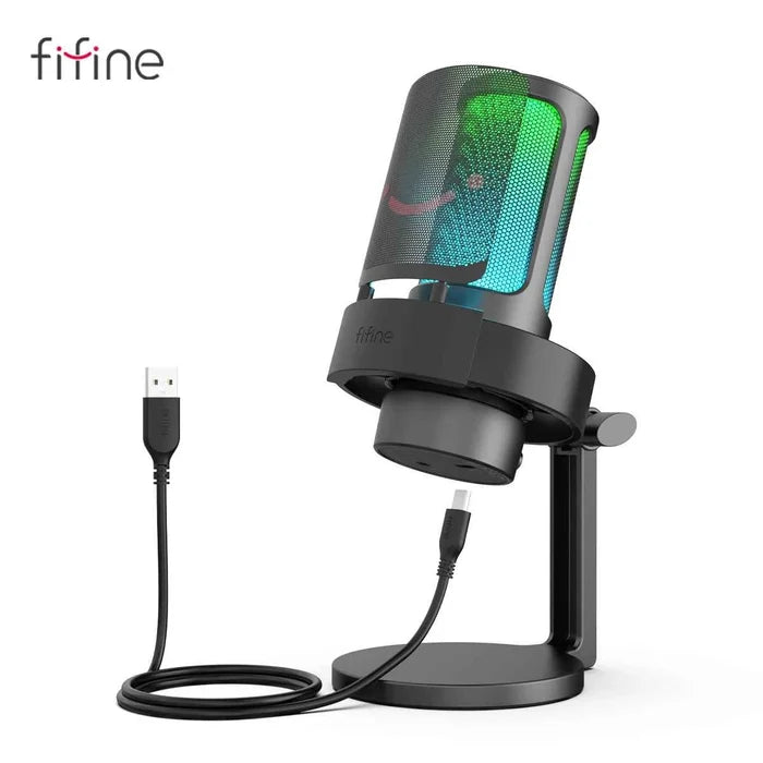 FIFINE USB Microphone A8 for recording and streaming, featuring a sleek black design with adjustable stand and compact build.