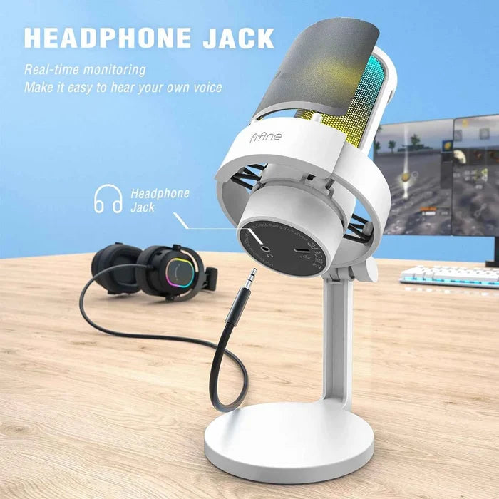 FIFINE USB Microphone A8 for recording and streaming, with a sleek black design and adjustable stand on a desk setup.