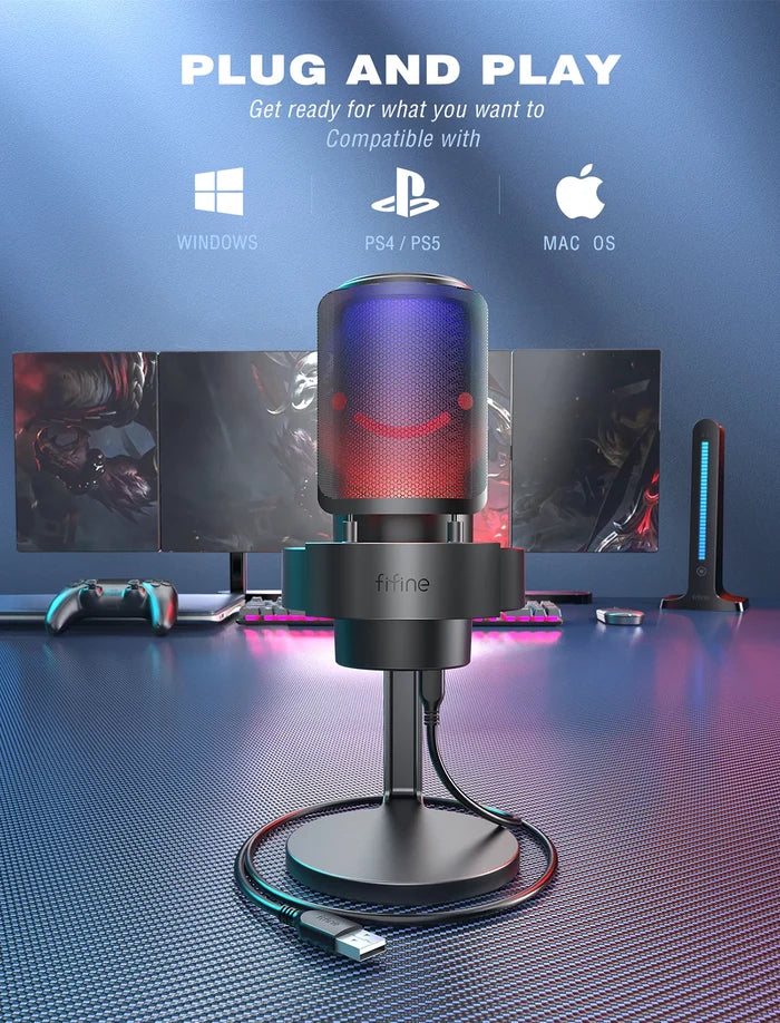 FIFINE USB Microphone A8 for recording and streaming, shown with sleek black design and adjustable stand on a desk setup.