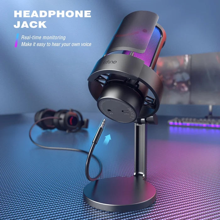 FIFINE USB Microphone A8 for recording and streaming, black microphone with adjustable stand and gold accents, front view.