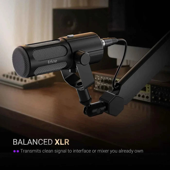 Dynamic podcast microphone with USB and XLR connectivity, ideal for high-quality sound recording and broadcasting.