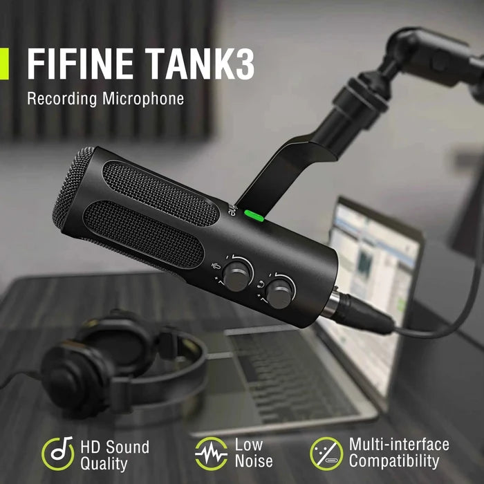 FIFINE Tank3 USB/XLR dynamic microphone for clear sound recording, shown in a sleek black finish with stand and cable.