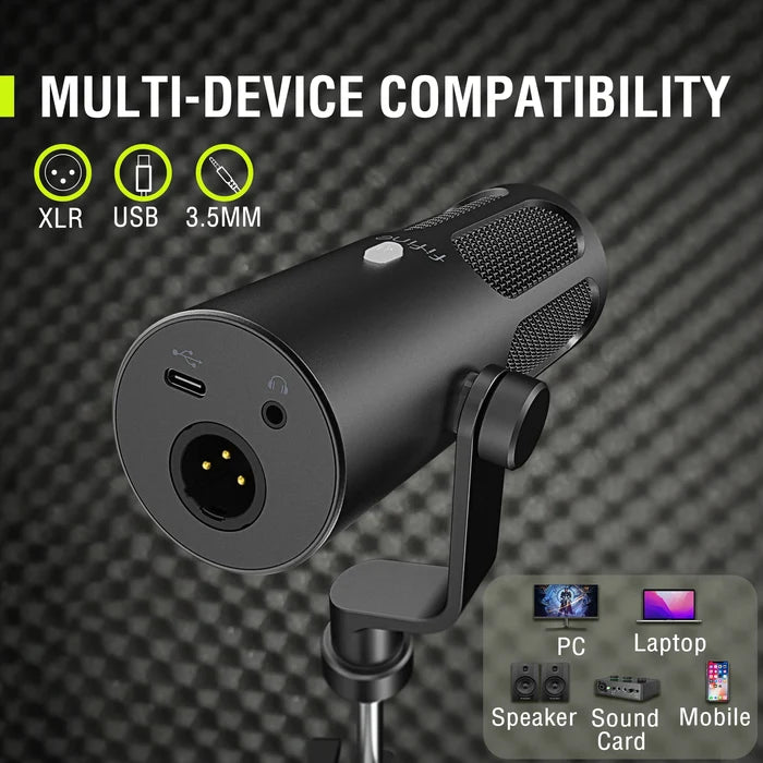 FIFINE Tank3 USB/XLR dynamic microphone on a stand, ideal for professional audio and streaming applications.