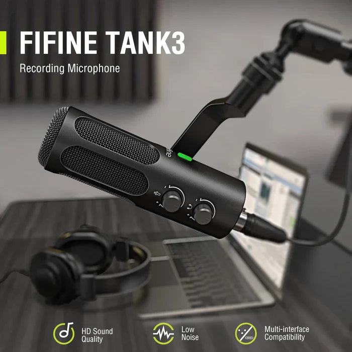 FIFINE Tank3 dynamic microphone with USB and XLR connections, ideal for high-quality sound recording and professional audio setups.