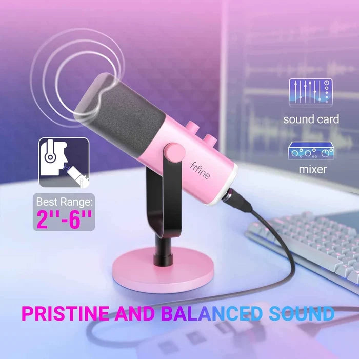 FIFINE USB/XLR gaming microphone on a stand, ideal for streaming and recording, with a sleek black design.