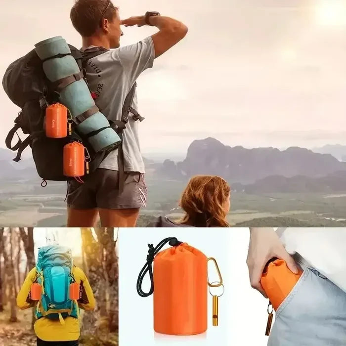 Orange Habicare emergency sleeping bag, compact and lightweight survival gear for outdoor emergencies and camping.