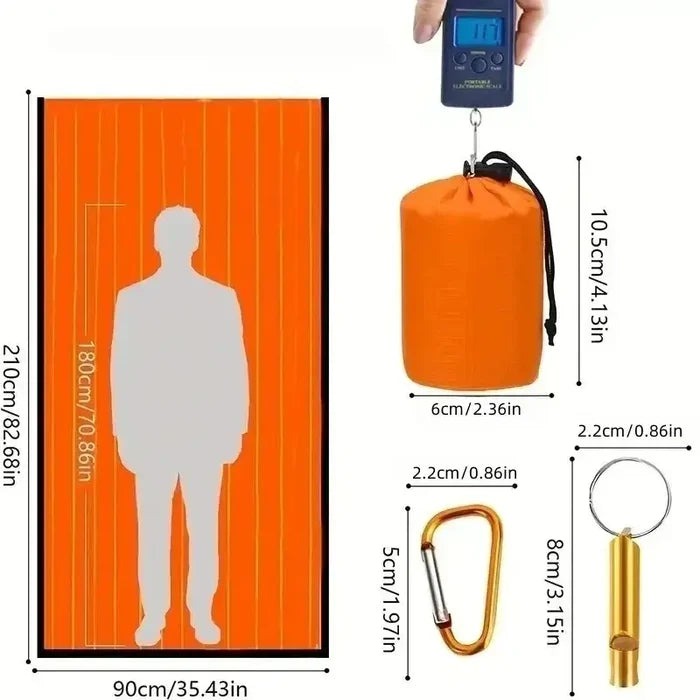 Orange Habicare SS emergency sleeping bag laid out on a surface, lightweight and compact for emergency survival situations.