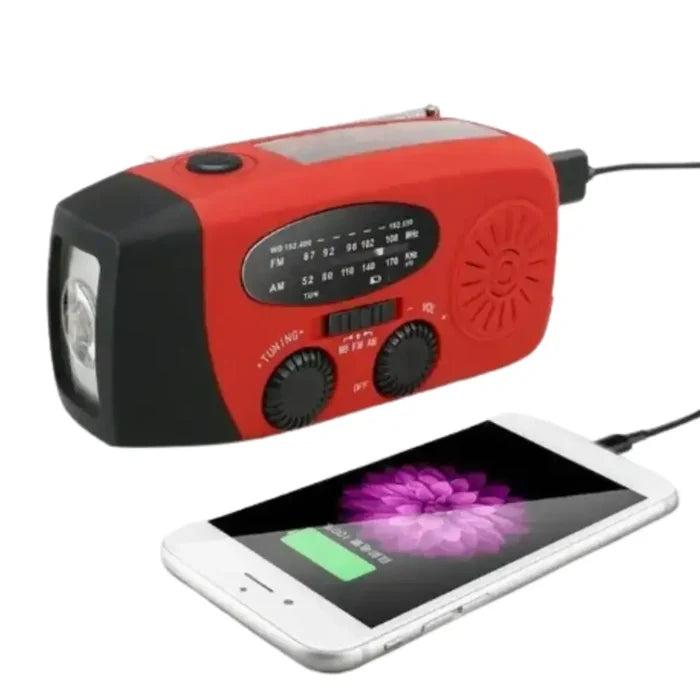 Habicare SS emergency solar hand crank radio with flashlight and power bank, compact outdoor survival device.