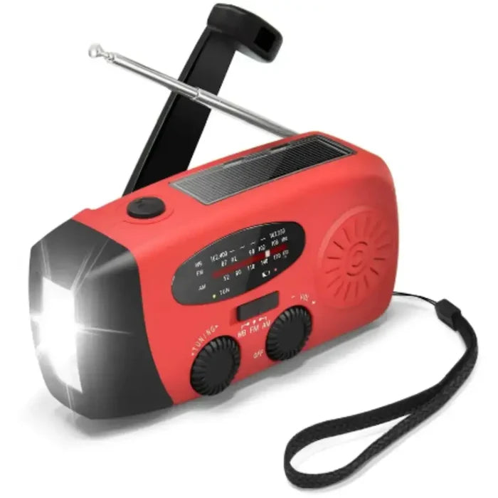 Habicare SS emergency solar hand crank radio with built-in flashlight and power bank, portable survival radio for emergencies.