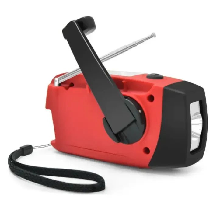 Habicare SS emergency solar hand crank radio with built-in flashlight and power bank for outdoor and emergency use.