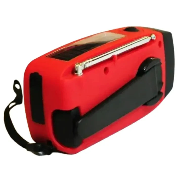 Habicare emergency solar hand crank radio with built-in flashlight and power bank for outdoor or emergency use.