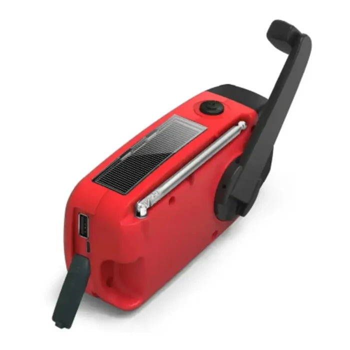 Habicare SS emergency solar hand crank radio with built-in flashlight and power bank for outdoor and emergency use.