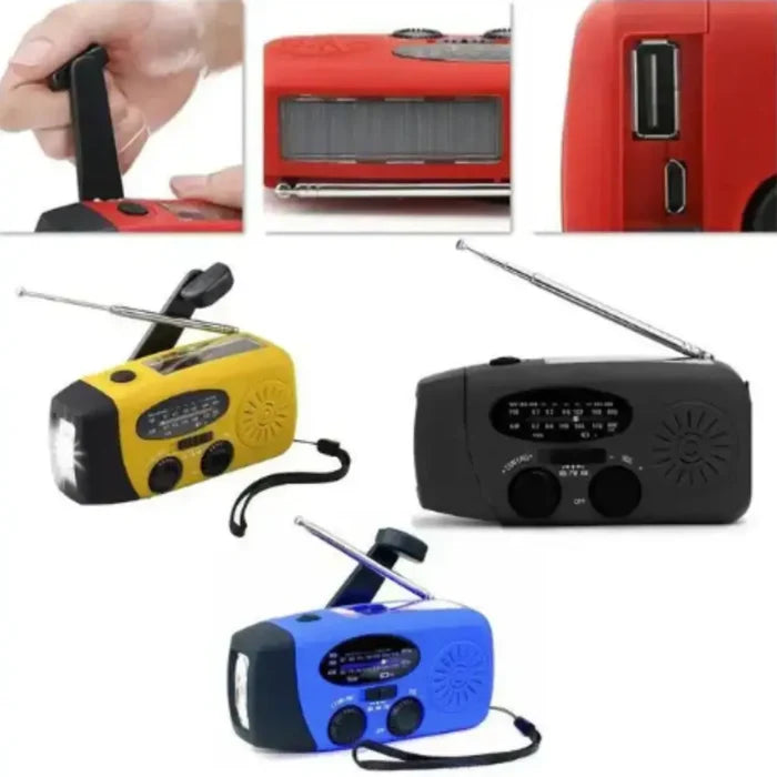 Habicare SS emergency solar hand crank radio with built-in flashlight and power bank for outdoor safety and emergency use