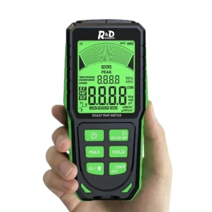 Habicare EMF Tester HBC model measuring electromagnetic fields, handheld device with digital display and sensor in use.