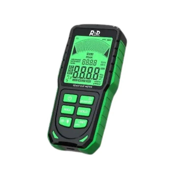 Habicare HBC EMF Tester measuring electromagnetic fields, handheld device with digital display in a close-up view.