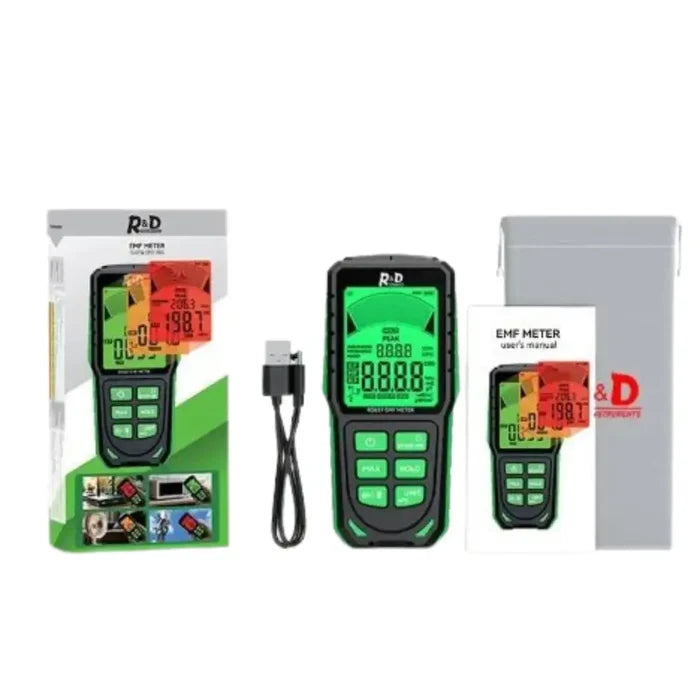 Habicare HBC EMF Tester measuring electromagnetic fields with digital display, compact handheld device for detecting EMF levels.
