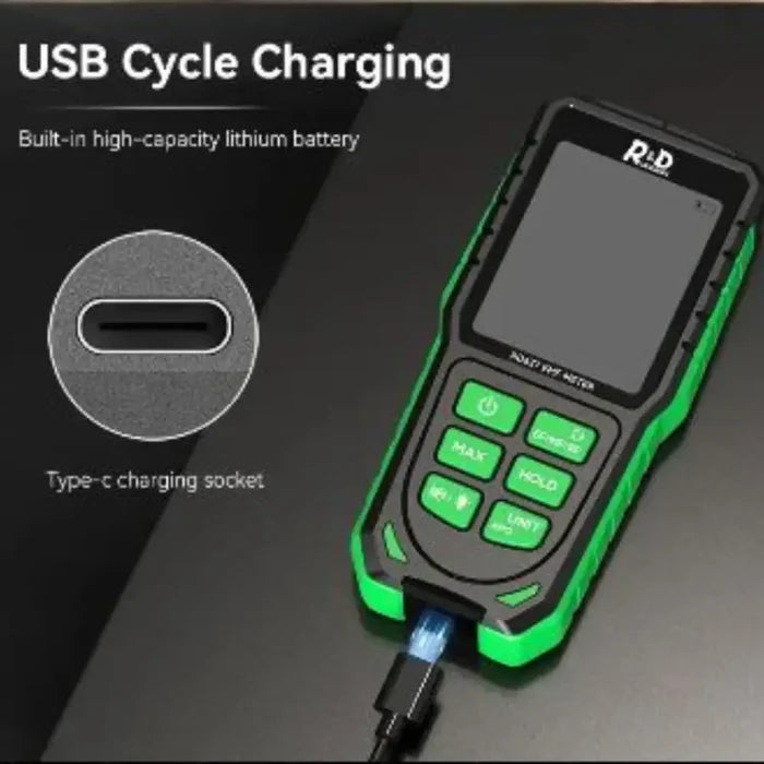 Habicare HBC EMF tester measuring electromagnetic fields with digital display in a close-up view.