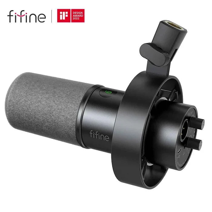 FIFINE K688 dynamic microphone for studio recording and streaming, featuring a black metal body and adjustable stand.