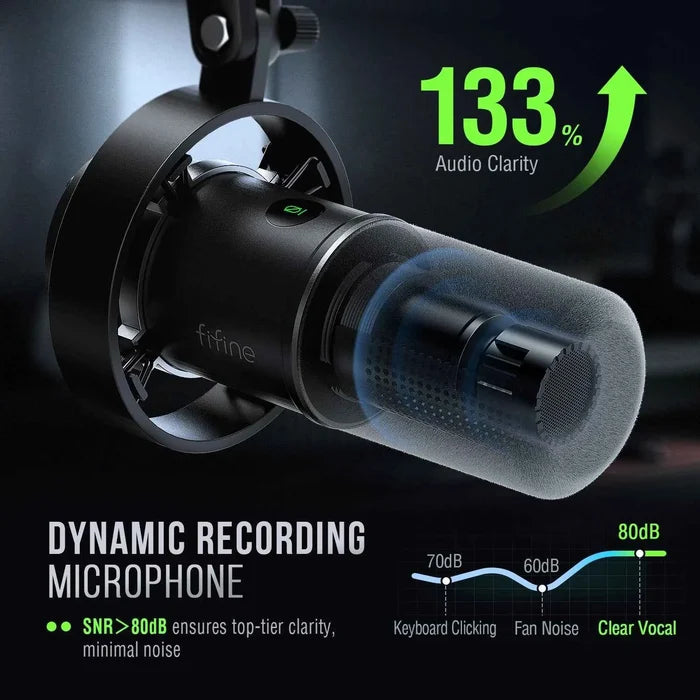 FIFINE K688 dynamic microphone with black body and metal grille, designed for clear audio recording and streaming.