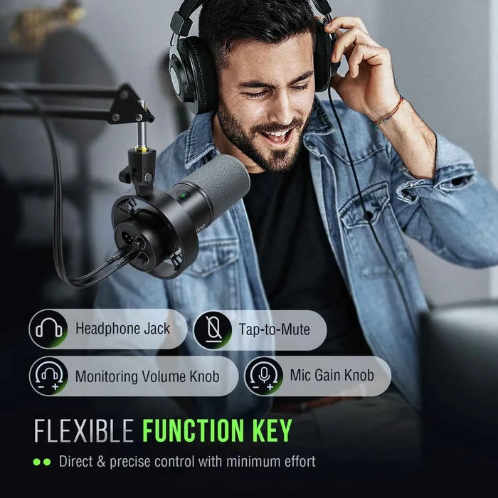 FIFINE K688 dynamic microphone for professional audio recording and streaming, with a sleek black design and adjustable stand.