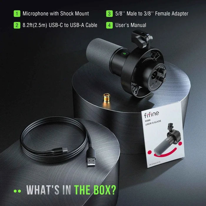 FIFINE K688 dynamic microphone for high-quality audio recording, shown with black metal body and adjustable stand.