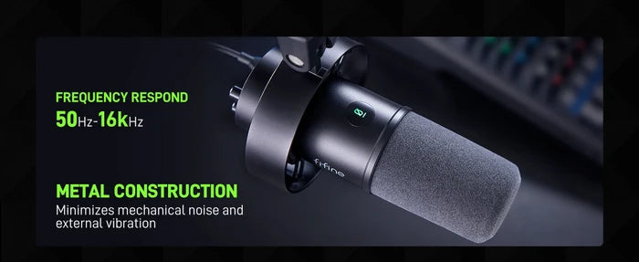 FIFINE K688 dynamic microphone for clear audio recording, shown with a black cylindrical body and metal grille on a studio stand