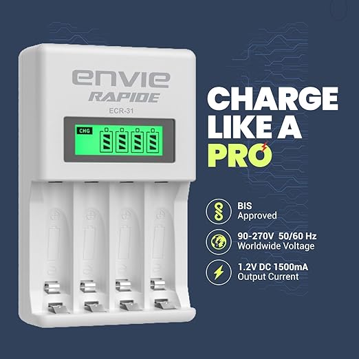 ENVIE (ECR-31) Rapide Ultra Fast Charger for Rechargeable Batteries AA & AAA Ni-mh, with LCD Display, Smart Charge Control System