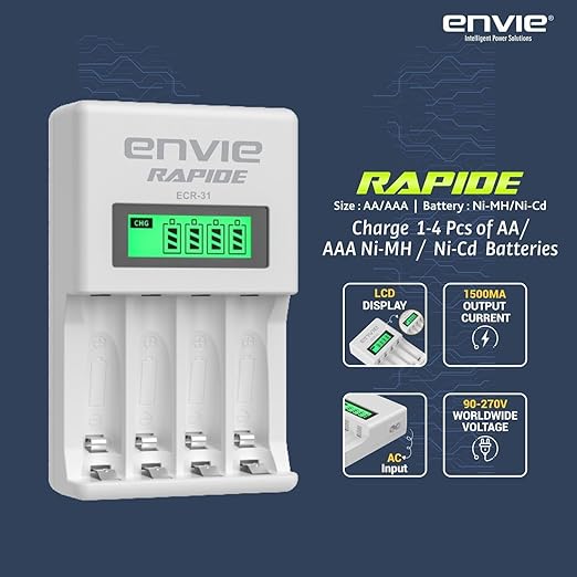 ENVIE (ECR-31) Rapide Ultra Fast Charger for Rechargeable Batteries AA & AAA Ni-mh, with LCD Display, Smart Charge Control System