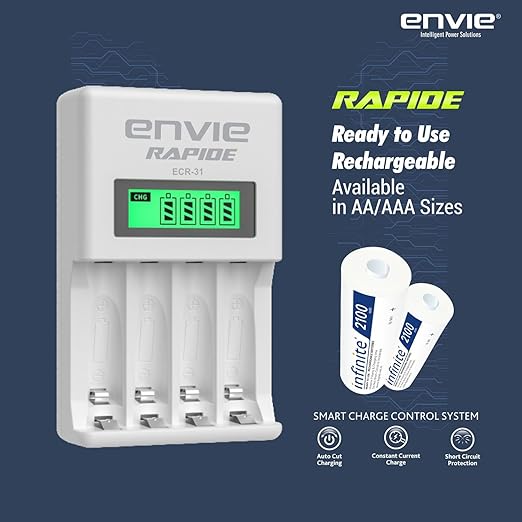 ENVIE (ECR-31) Rapide Ultra Fast Charger for Rechargeable Batteries AA & AAA Ni-mh, with LCD Display, Smart Charge Control System