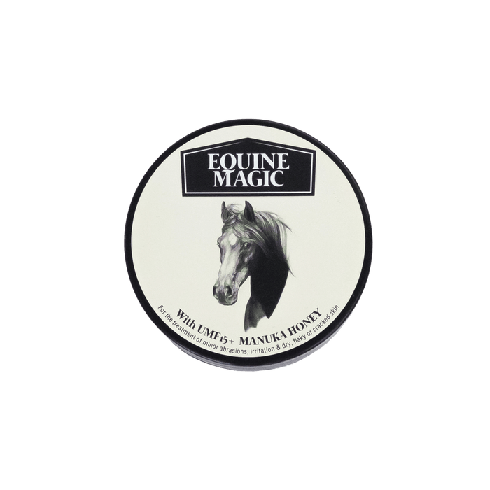 Equine Magic from The Honey Collection, a natural equine care product, shown in a sleek container with a pump dispenser.