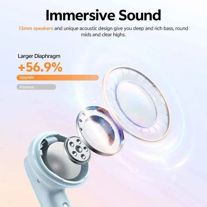QCY T13 Pro wireless in-ear headphones with sleek black design, close-up showing earbuds and charging case.