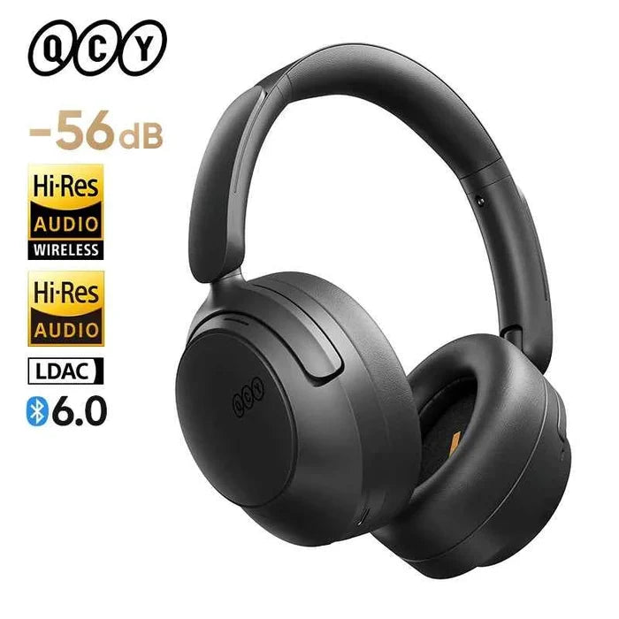 Over-ear QCY H3S ANC wireless headphones showing sleek black design and cushioned ear cups for immersive sound.