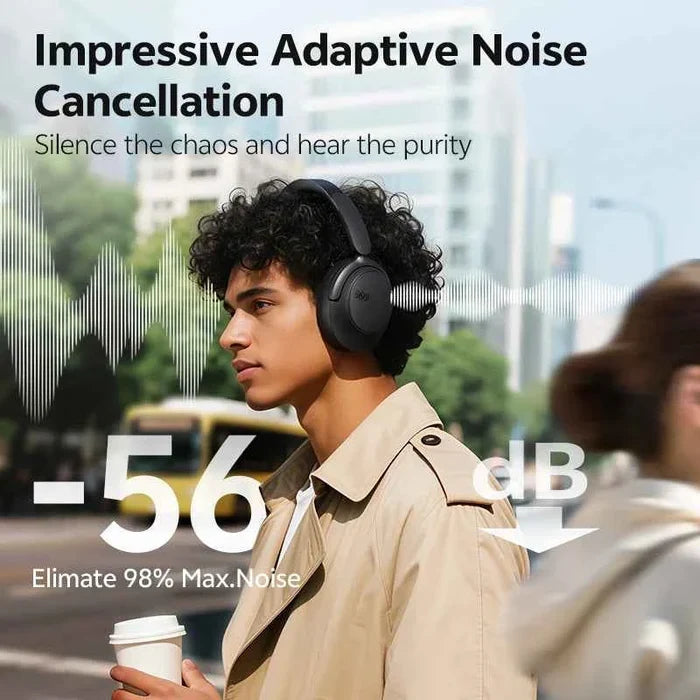 Over-ear QCY H3S ANC wireless headphones with cushioned ear cups and sleek black design, showcasing premium sound quality.