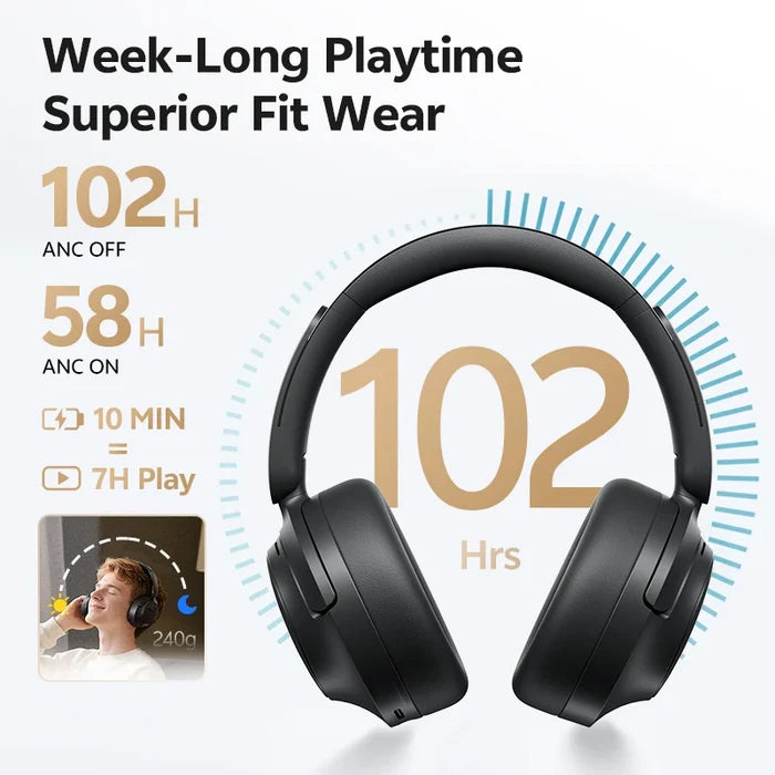 Over-ear QCY H3S ANC wireless headphones with cushioned ear cups and sleek design, showcasing advanced noise-canceling technology.