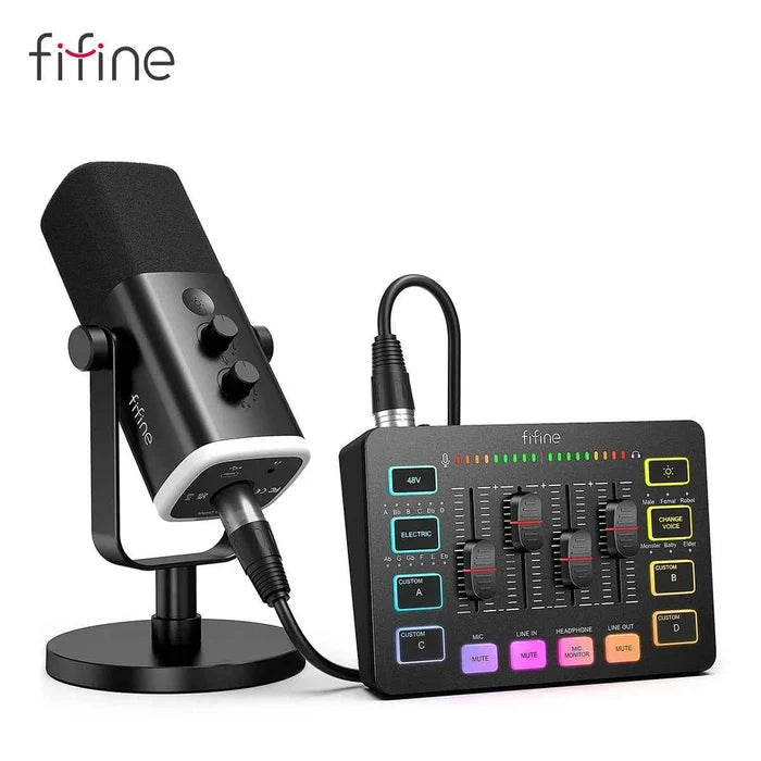 FIFINE all-in-one podcast kit with RGB audio mixer, studio microphone, headphones, and control panel for professional streaming setup