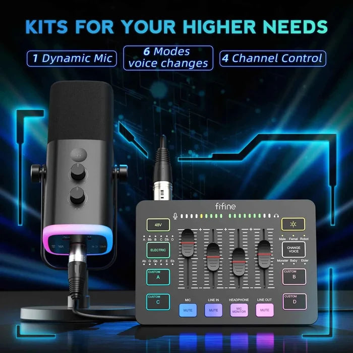 FIFINE All-in-One Podcast Kit with RGB Audio Mixer for studio recording, featuring microphones, mixer controls, and streaming setup