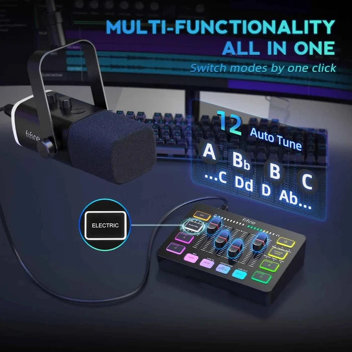FIFINE all-in-one podcast kit with RGB audio mixer, studio recording equipment for professional streaming and audio production.