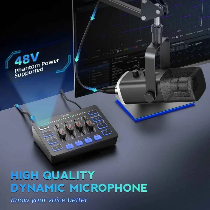 FIFINE All-in-One Podcast Kit with RGB Audio Mixer, studio recording setup featuring microphone, mixer, and accessories for streaming.