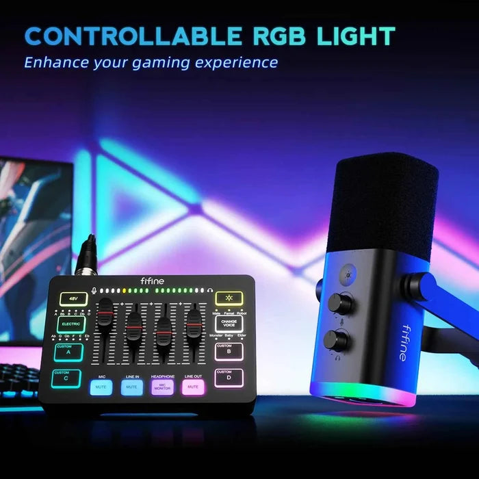 FIFINE all-in-one podcast kit with RGB audio mixer for studio recording, featuring microphones, headphones, and control panels.